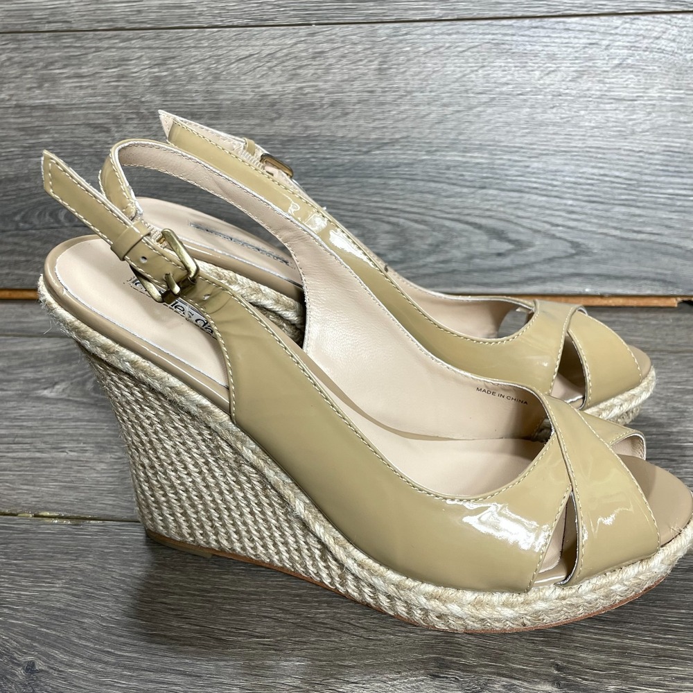Charles David Sandals Womens 8 Beige Espadrille Strappy Wedge Heels Leather Open